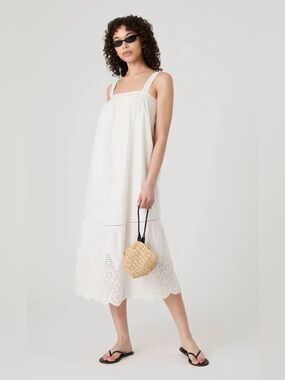 French Connection White Eyelet Midi Dress with Square Neckline